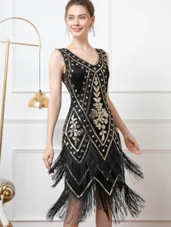 Outlet Retro Stage 1920s V-Neck Sequined Tassel Flapper Sleeveless Dress