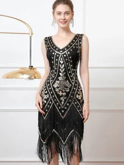 Outlet Retro Stage 1920s V-Neck Sequined Tassel Flapper Sleeveless Dress