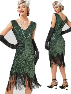 Clearance Retro Stage 1920s V-Neck Sequined Tassel Gatsby Dress