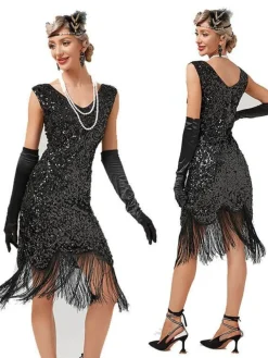 Clearance Retro Stage 1920s V-Neck Sequined Tassel Gatsby Dress