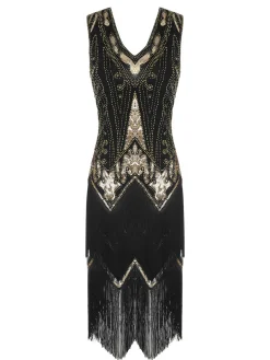 Sale Retro Stage 1920s V-Neck Sequined Tassel Gatsby Dress