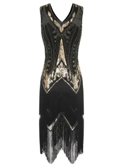 Sale Retro Stage 1920s V-Neck Sequined Tassel Gatsby Dress
