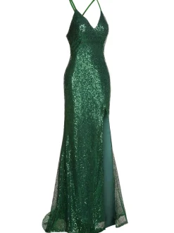 New Retro Stage 1920s V-Neck Side Slit Sequined Sling Dress Green