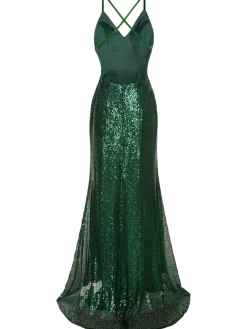 New Retro Stage 1920s V-Neck Side Slit Sequined Sling Dress Green