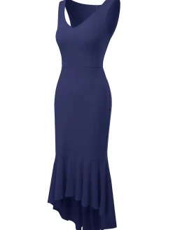 Hot Retro Stage 1930s V-Neck Sleeveless Ruffled Fishtail Dress
