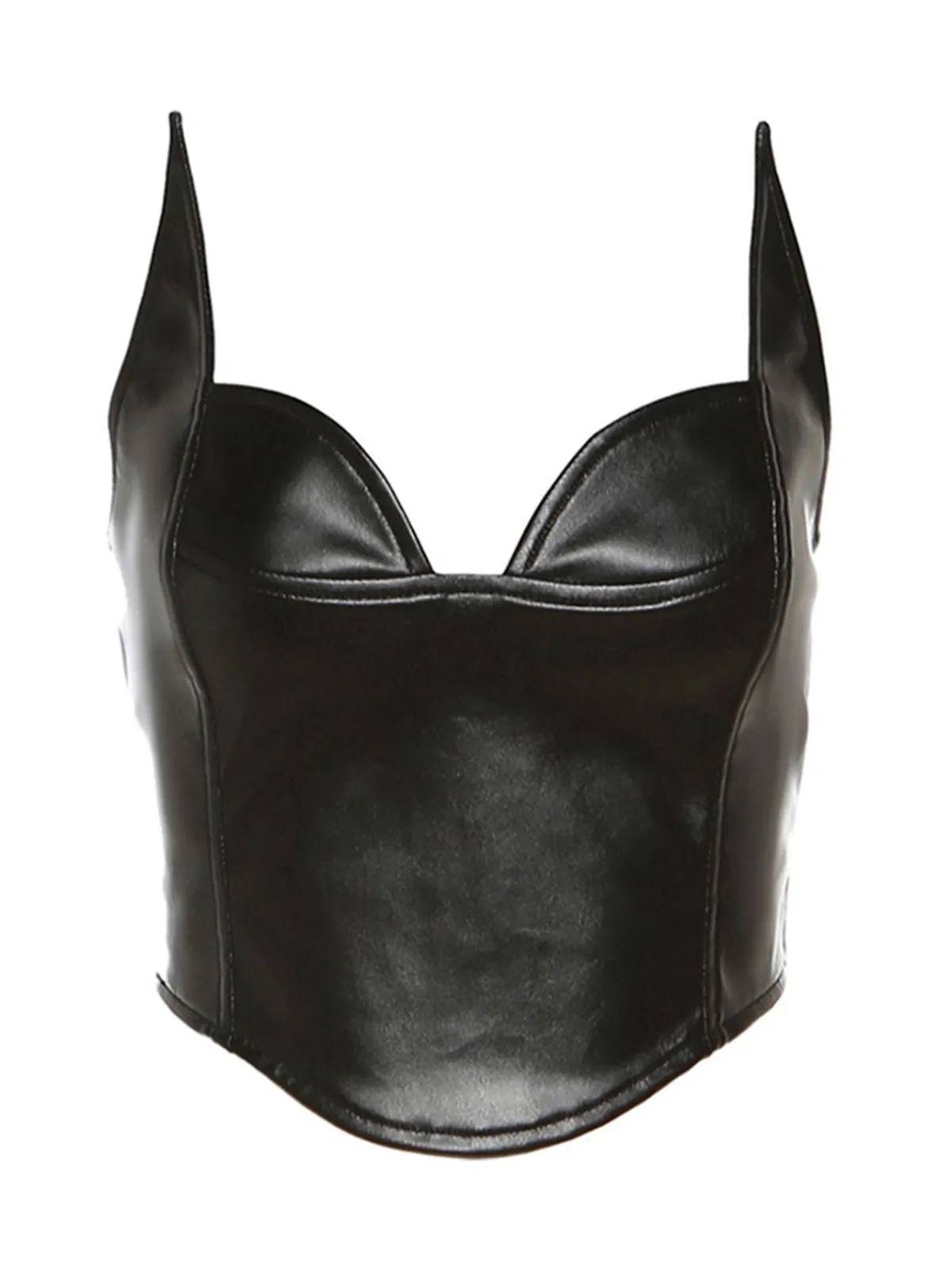 Online Retro Stage 1980s V-Neck Slim Backless Pu Leather Vest Black