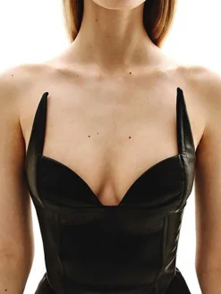 Online Retro Stage 1980s V-Neck Slim Backless Pu Leather Vest Black