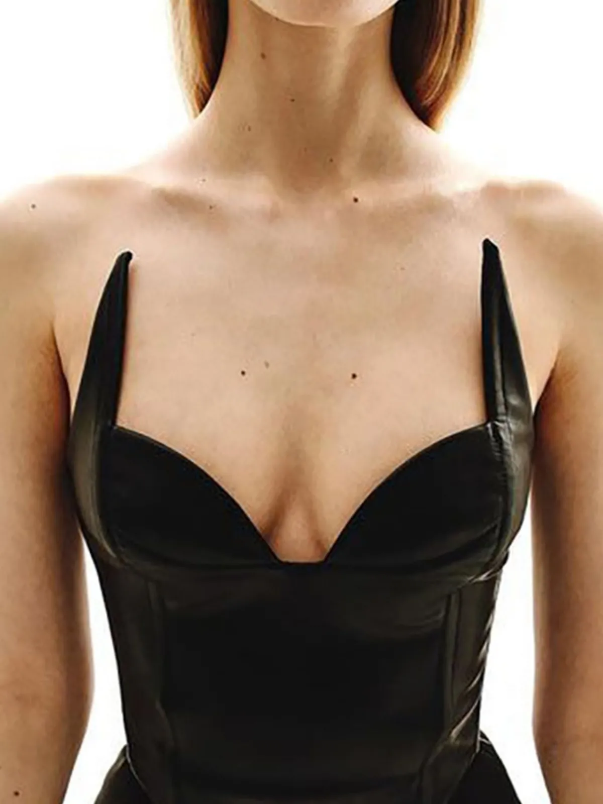 Online Retro Stage 1980s V-Neck Slim Backless Pu Leather Vest Black