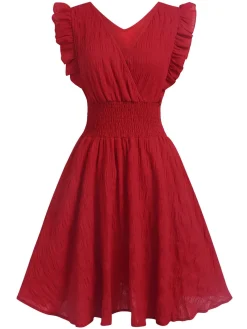 Discount Retro Stage 1950s V-Neck Smocked Waist Ruffles Sleeveless Dress