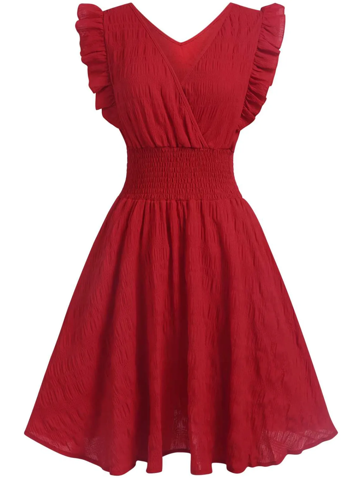 Discount Retro Stage 1950s V-Neck Smocked Waist Ruffles Sleeveless Dress