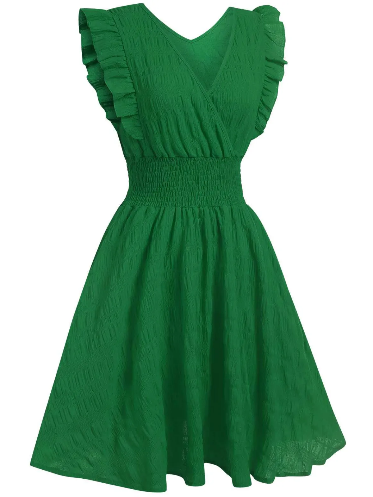 Discount Retro Stage 1950s V-Neck Smocked Waist Ruffles Sleeveless Dress