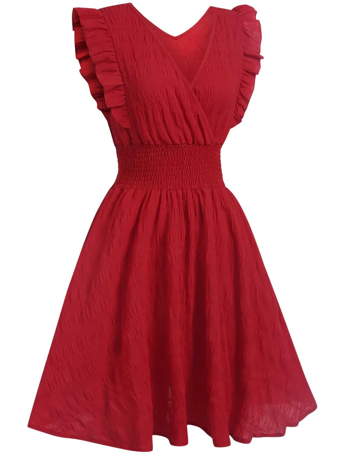 Discount Retro Stage 1950s V-Neck Smocked Waist Ruffles Sleeveless Dress