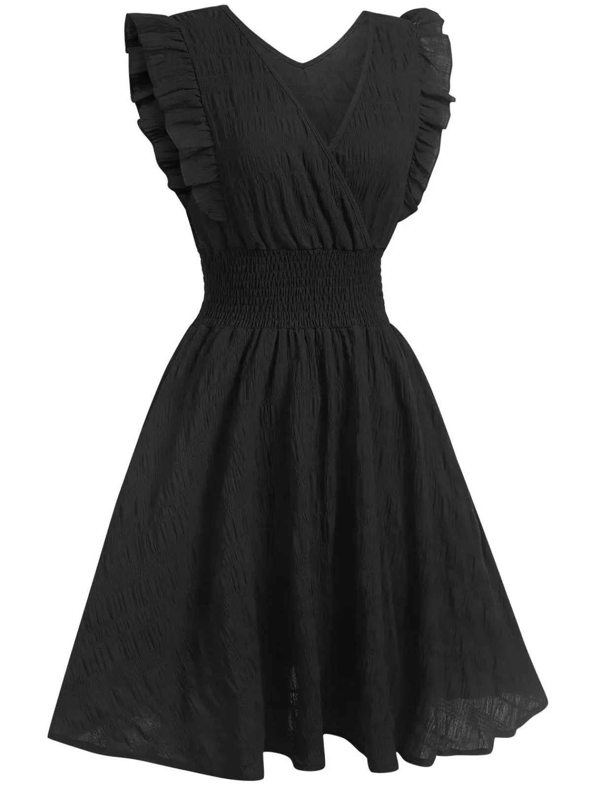 Discount Retro Stage 1950s V-Neck Smocked Waist Ruffles Sleeveless Dress