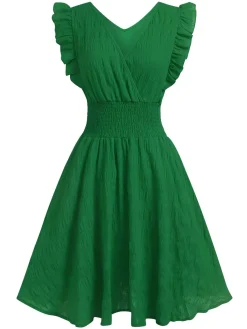 Discount Retro Stage 1950s V-Neck Smocked Waist Ruffles Sleeveless Dress