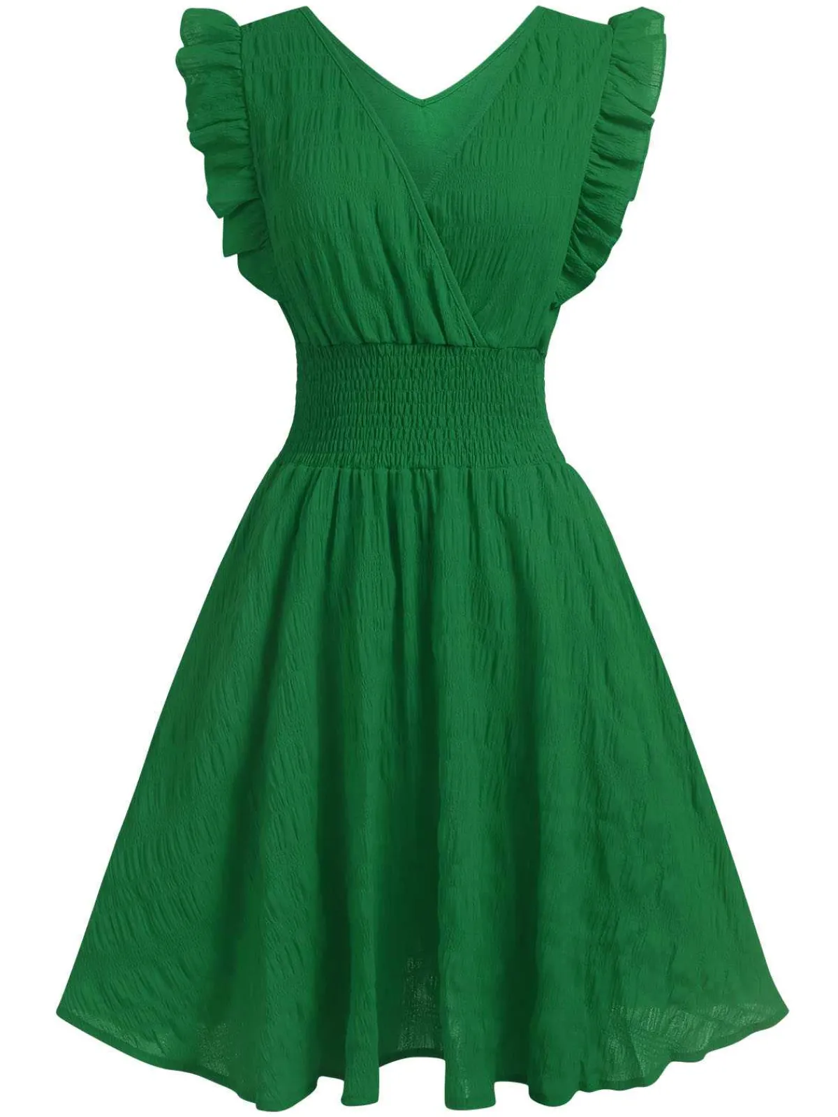 Discount Retro Stage 1950s V-Neck Smocked Waist Ruffles Sleeveless Dress