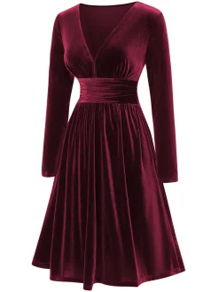 Outlet Retro Stage 1940s V-Neck Solid A-line Velvet Dress