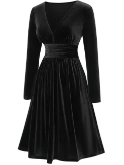 Outlet Retro Stage 1940s V-Neck Solid A-line Velvet Dress