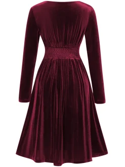Outlet Retro Stage 1940s V-Neck Solid A-line Velvet Dress