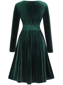 Outlet Retro Stage 1940s V-Neck Solid A-line Velvet Dress