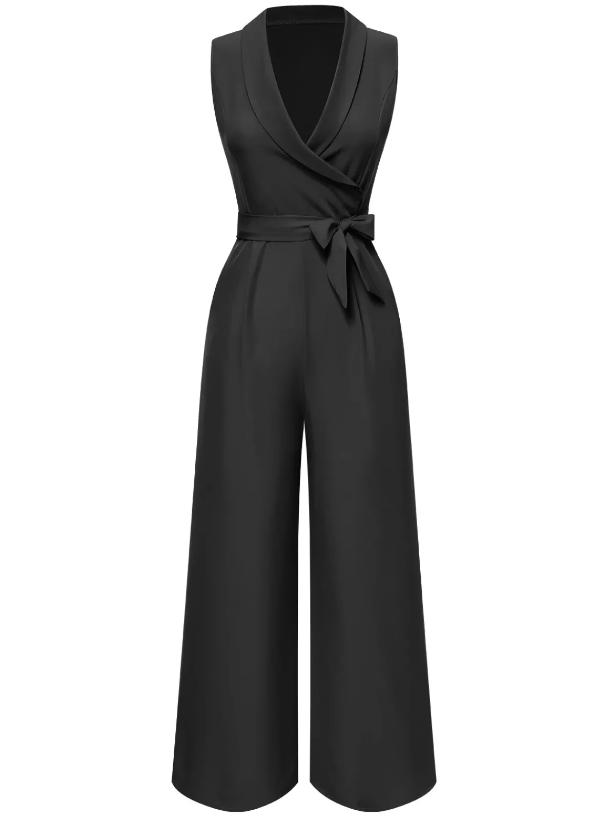Best Retro Stage 1930s V-Neck Solid Belted Sleeveless Jumpsuit