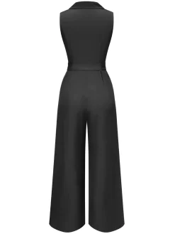 Best Retro Stage 1930s V-Neck Solid Belted Sleeveless Jumpsuit