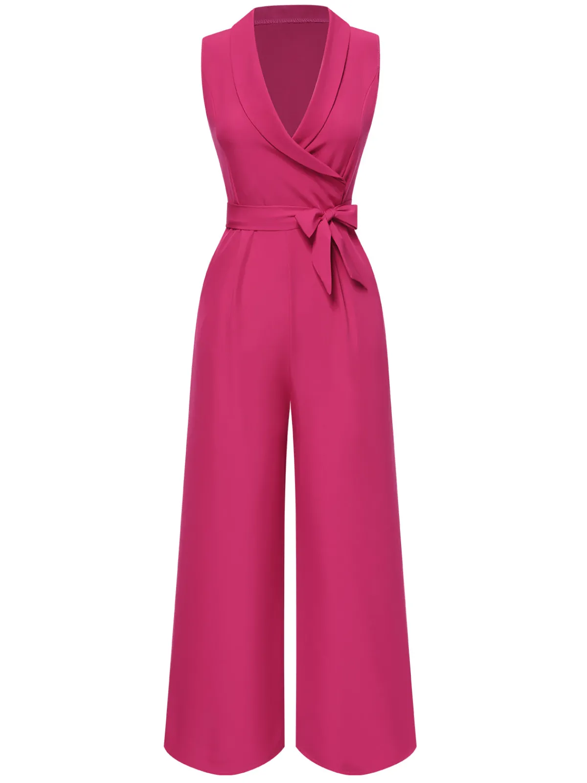 Best Retro Stage 1930s V-Neck Solid Belted Sleeveless Jumpsuit