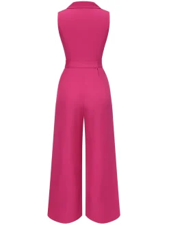 Best Retro Stage 1930s V-Neck Solid Belted Sleeveless Jumpsuit