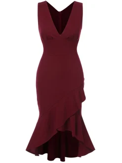 Sale Retro Stage 1930s V-Neck Solid Fishtail Bodycon Dress