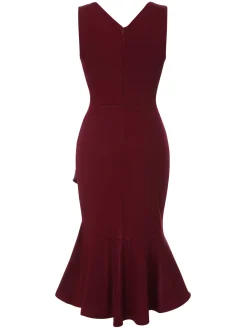Sale Retro Stage 1930s V-Neck Solid Fishtail Bodycon Dress