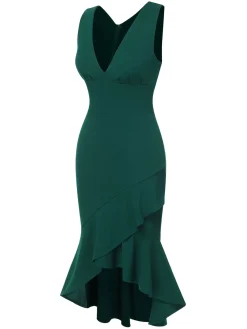 Sale Retro Stage 1930s V-Neck Solid Fishtail Bodycon Dress