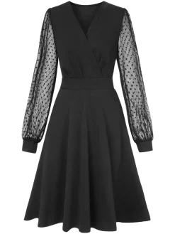 Fashion Retro Stage 1940s V-Neck Solid Polka Dots Patchwork Dress