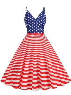 Online Retro Stage 1950s V-Neck Star Stripes Flag Belted Swing Dress