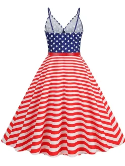 Online Retro Stage 1950s V-Neck Star Stripes Flag Belted Swing Dress