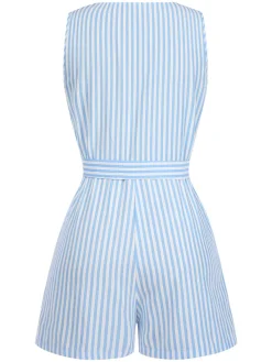 Sale Retro Stage 1950s V-Neck Stripes Sleeveless Belted Romper