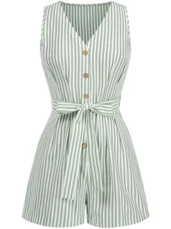 Sale Retro Stage 1950s V-Neck Stripes Sleeveless Belted Romper