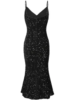 Discount Retro Stage 1930s V-Neck Suspender Sequined Fishtail Dress