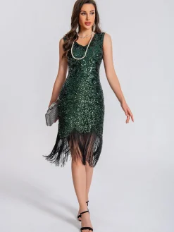 Online Retro Stage 1920s V-Neck Symmetrical Pattern Tassel Sequined Dress
