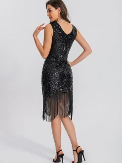 Online Retro Stage 1920s V-Neck Symmetrical Pattern Tassel Sequined Dress
