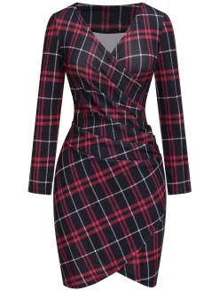 Outlet Retro Stage 1960s V-Neck Tartan Plaids Wrap Dress Red
