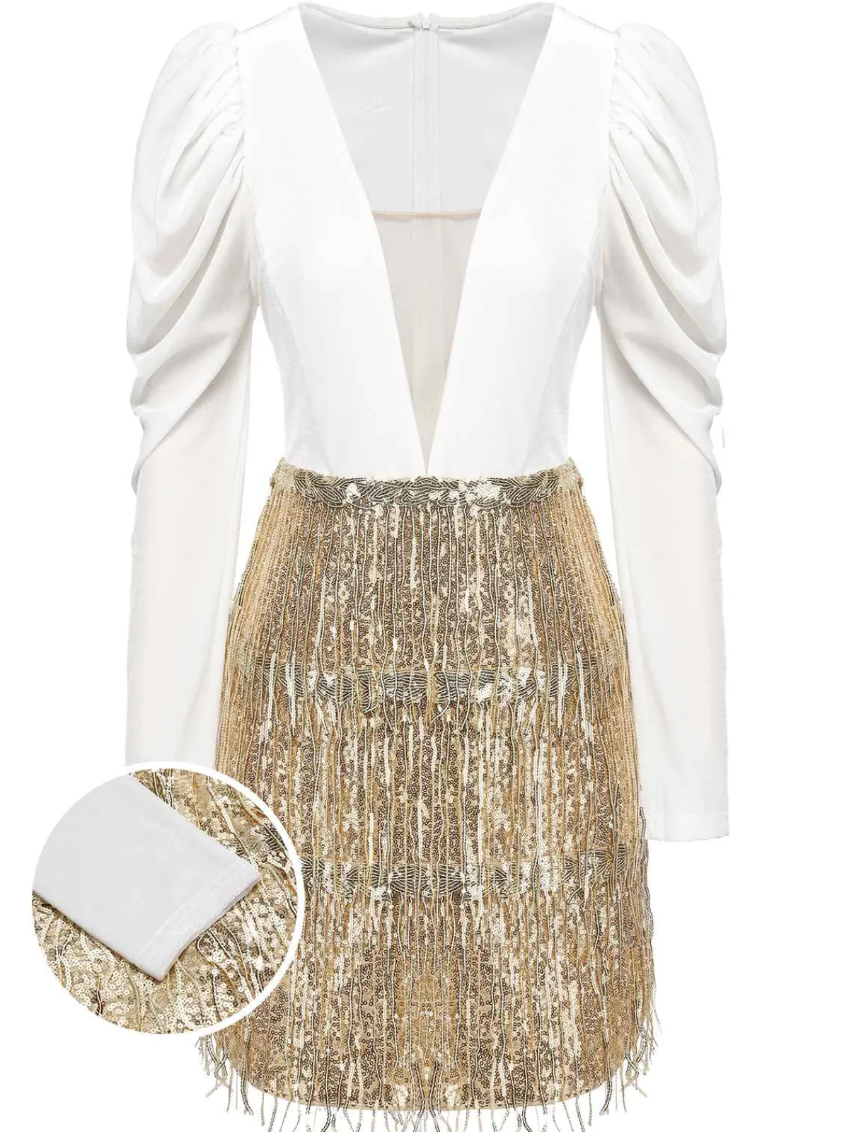 Sale Retro Stage 1960s V-Neck Tassel Sequined Wrap Dress White & Champagne