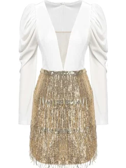 Sale Retro Stage 1960s V-Neck Tassel Sequined Wrap Dress White & Champagne