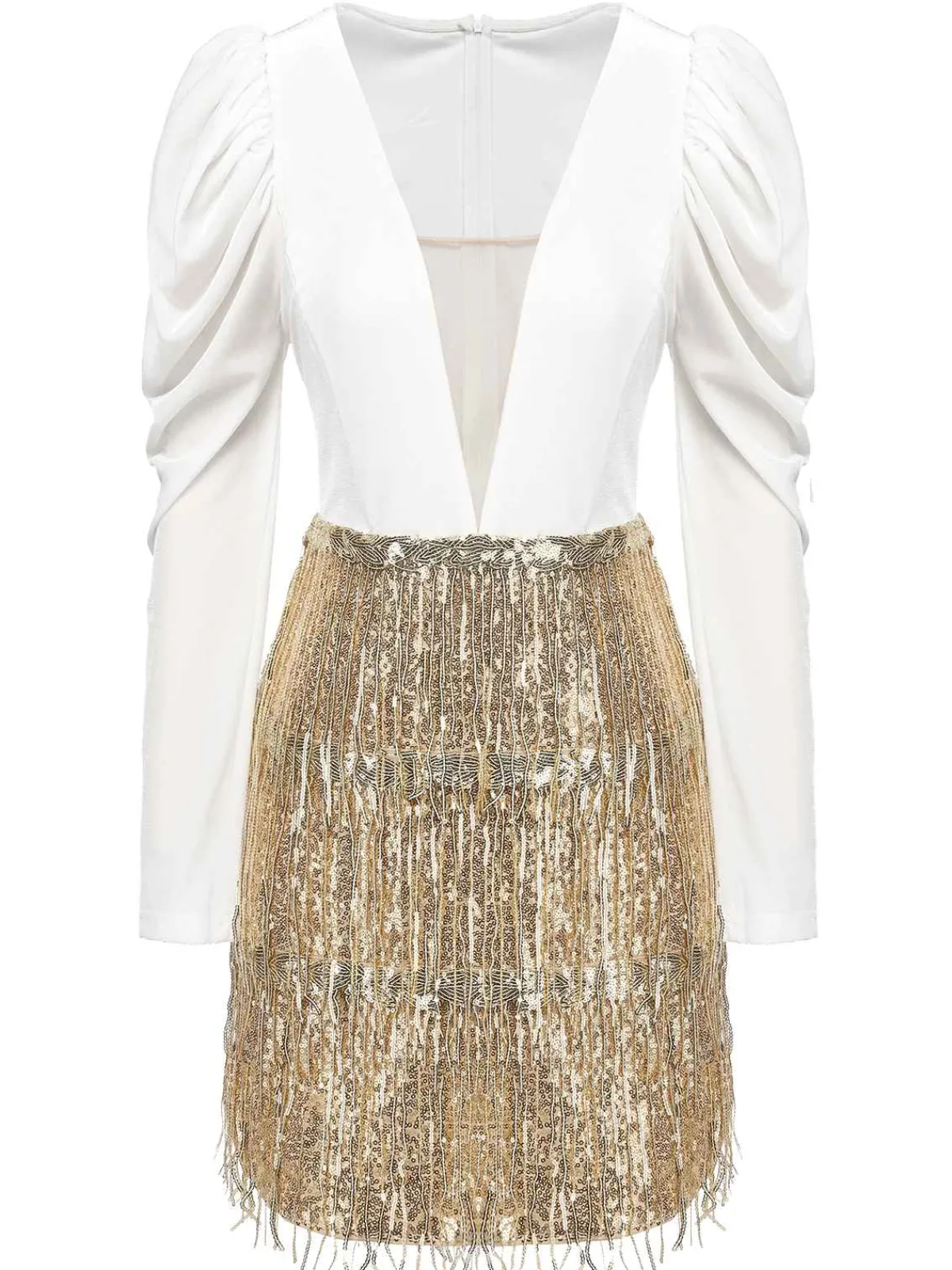 Sale Retro Stage 1960s V-Neck Tassel Sequined Wrap Dress White & Champagne