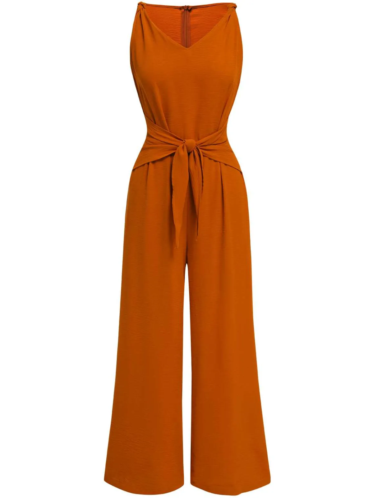 Fashion Retro Stage 1970s V-Neck Tie-Front Solid Jumpsuit