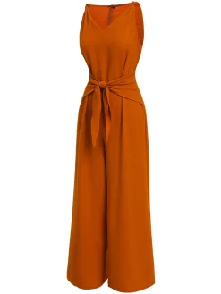 Fashion Retro Stage 1970s V-Neck Tie-Front Solid Jumpsuit