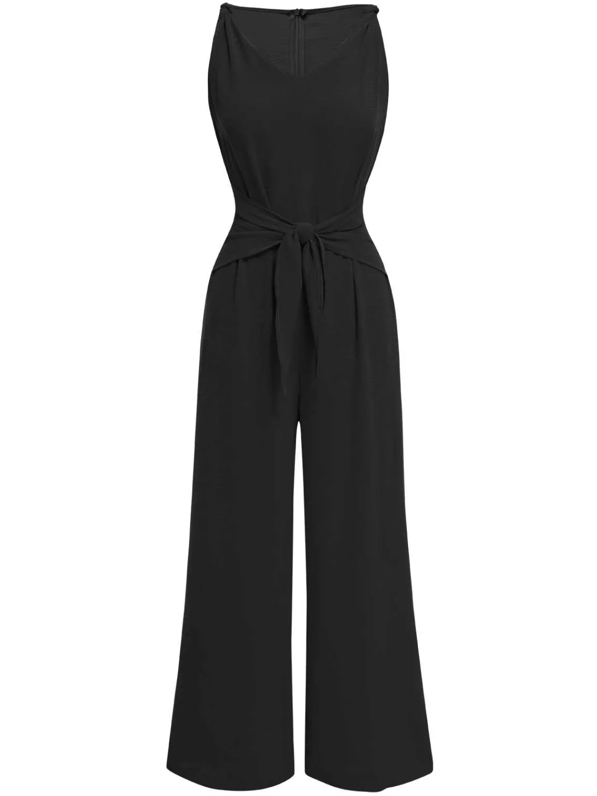 Fashion Retro Stage 1970s V-Neck Tie-Front Solid Jumpsuit