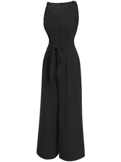 Fashion Retro Stage 1970s V-Neck Tie-Front Solid Jumpsuit