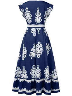 Sale Retro Stage 1970s V-Neck Tribal Pattern Bohemian Dress
