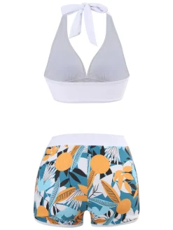 Discount Retro Stage 1970s V-Neck Tropical Plants Halter Swimsuit