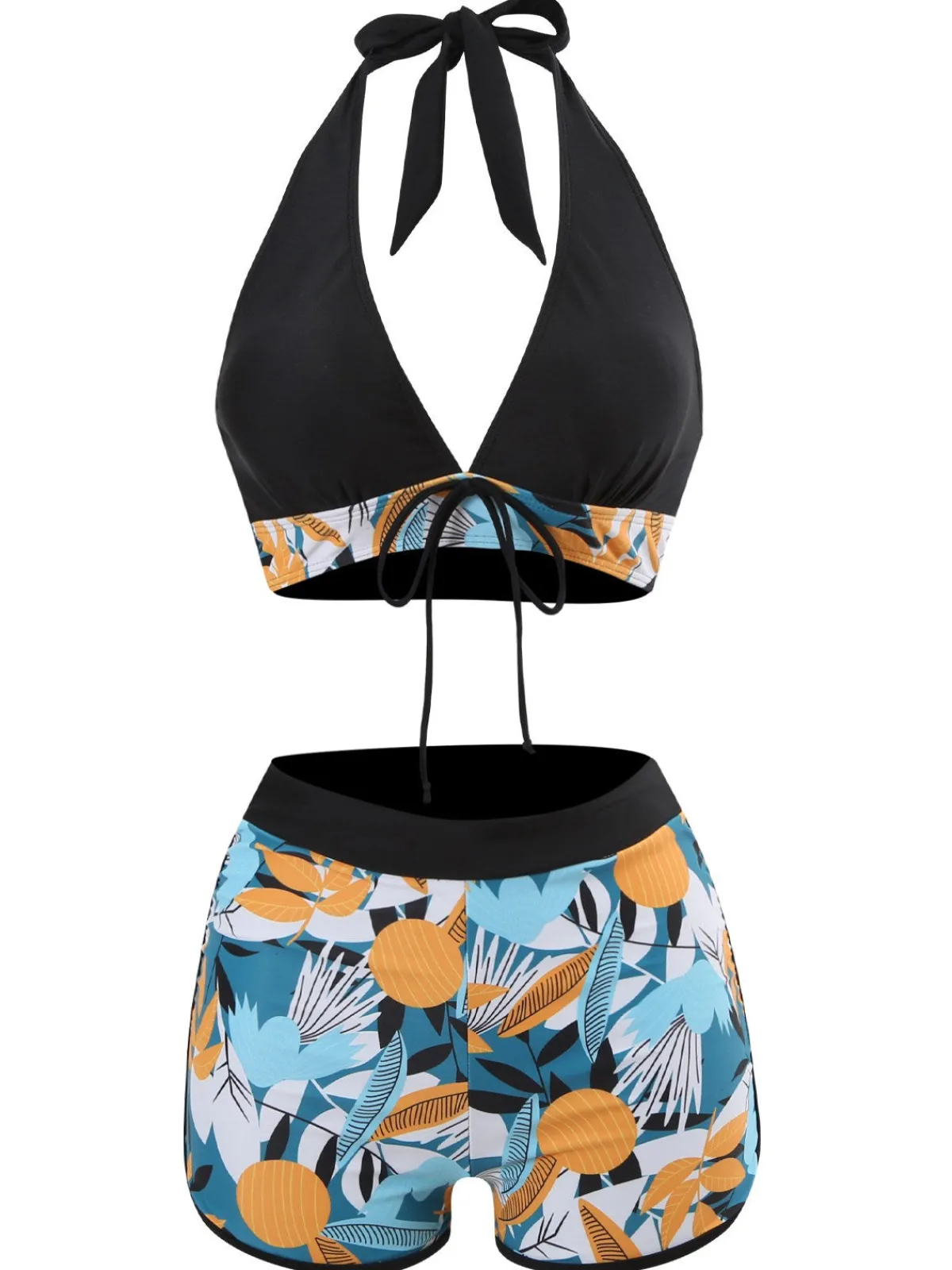 Discount Retro Stage 1970s V-Neck Tropical Plants Halter Swimsuit