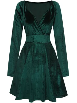 Fashion Retro Stage 1960s V-Neck Velvet Long Sleeve A-Line Dress